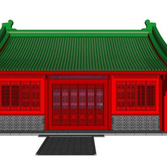 中式古建红色民房SU模型下载_sketchup草图大师SKP模型