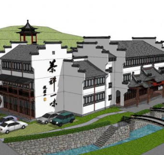 中式徽派禅茶院建筑SU模型下载_sketchup草图大师SKP模型