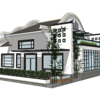 新中式小型别墅设计SU模型下载_sketchup草图大师SKP模型