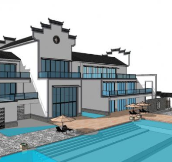 新中式徽派别墅庭院建筑SU模型下载_sketchup草图大师SKP模型