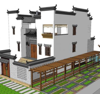 新中式徽派建筑外观SU模型下载_sketchup草图大师SKP模型