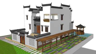 新中式徽派建筑外观SU模型下载_sketchup草图大师SKP模型