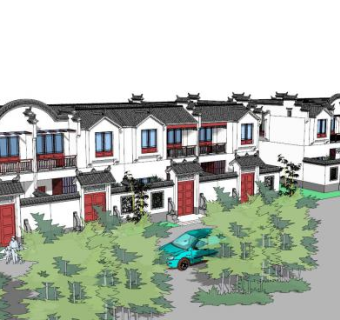 新中式徽派联排别墅建筑SU模型下载_sketchup草图大师SKP模型