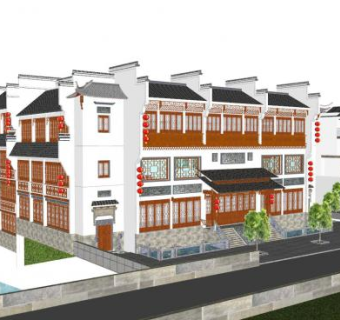 新中式徽派客栈建筑SU模型下载_sketchup草图大师SKP模型