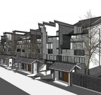 现代新中式联排别墅SU模型下载_sketchup草图大师SKP模型