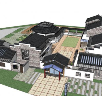 新中式民房院落建筑SU模型下载_sketchup草图大师SKP模型