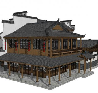 中式徽派客栈建筑SU模型下载_sketchup草图大师SKP模型