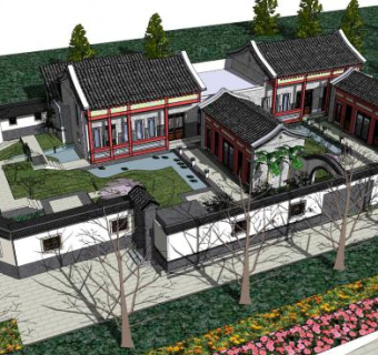 中式合院院落景观SU模型下载_sketchup草图大师SKP模型