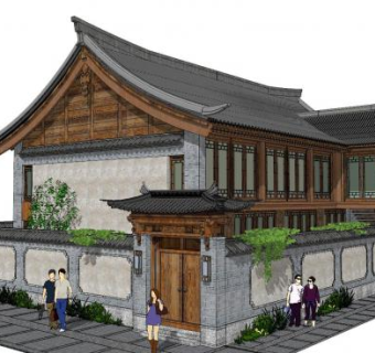 中式悬山顶别墅建筑SU模型下载_sketchup草图大师SKP模型