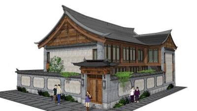 中式悬山顶别墅建筑SU模型下载_sketchup草图大师SKP模型