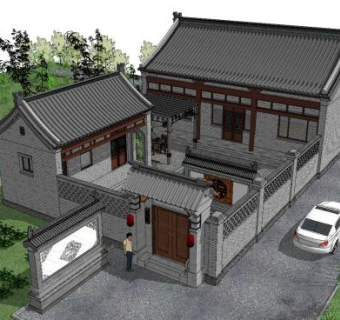 中式合院民房建筑SU模型下载_sketchup草图大师SKP模型