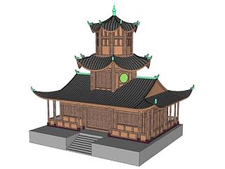 中式古建木制塔楼SU模型下载_sketchup草图大师SKP模型