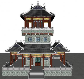 中式古建阁楼塔楼SU模型下载_sketchup草图大师SKP模型
