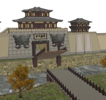中式护城河古城门SU模型下载_sketchup草图大师SKP模型