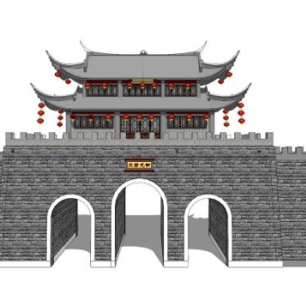 中式三庙龙都城门SU模型下载_sketchup草图大师SKP模型