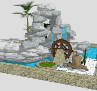 庭院水池假山su模型下载_sketchup草图大师SKP模型