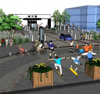 中式小区入口景观su模型下载_sketchup草图大师SKP模型