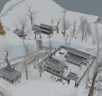 中式冬天雪地古建筑场景SU模型下载_sketchup草图大师SKP模型