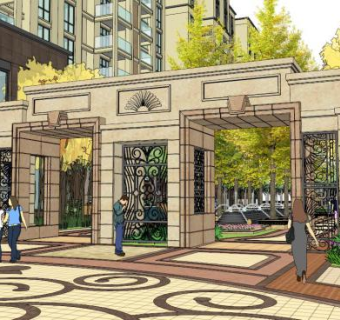 简欧风格小区大门su模型下载_sketchup草图大师SKP模型