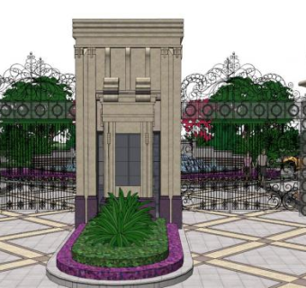 小区入口铁艺门su模型下载_sketchup草图大师SKP模型