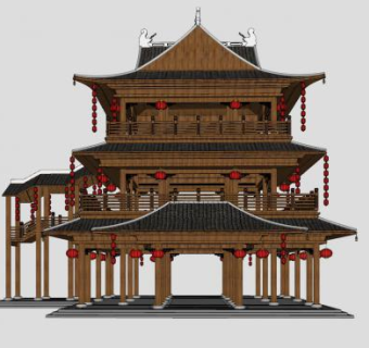 中式木制景观塔楼SU模型下载_sketchup草图大师SKP模型