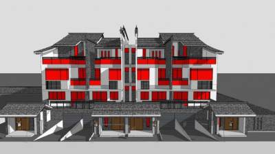 新中式特色别墅建筑SU模型下载_sketchup草图大师SKP模型