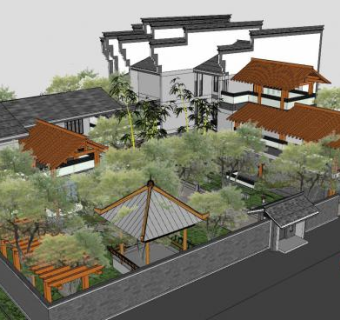 中式民居院落外观SU模型下载_sketchup草图大师SKP模型