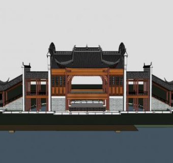 中式门楼戏台建筑SU模型下载_sketchup草图大师SKP模型