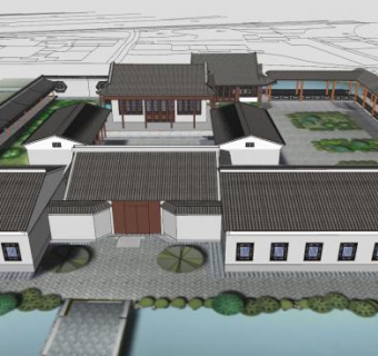 中式古建书院外观SU模型下载_sketchup草图大师SKP模型