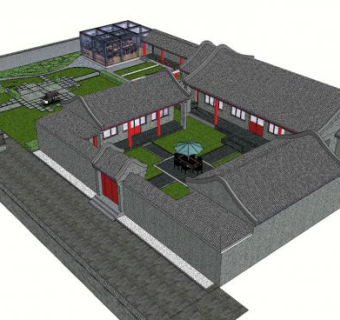 四合院庭院建筑SU模型下载_sketchup草图大师SKP模型