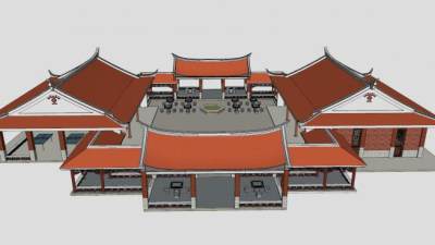 中式院落亭台建筑SU模型下载_sketchup草图大师SKP模型