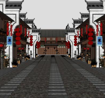 中式仿古商业街SU模型下载_sketchup草图大师SKP模型