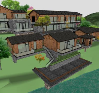 中式滨水民宿建筑SU模型下载_sketchup草图大师SKP模型