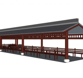 中式实木休憩长廊SU模型下载_sketchup草图大师SKP模型