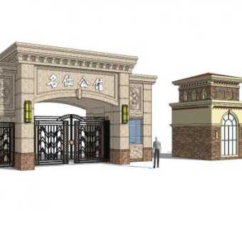 欧式古典名仕公馆小区入口SU模型下载_sketchup草图大师SKP模型