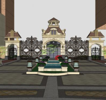 欧式古典御东国际小区入口SU模型下载_sketchup草图大师SKP模型