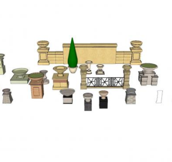 欧式花钵景墙组合SU模型下载_sketchup草图大师SKP模型