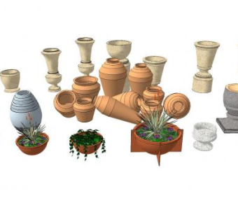 欧式陶土花钵组合SU模型下载_sketchup草图大师SKP模型