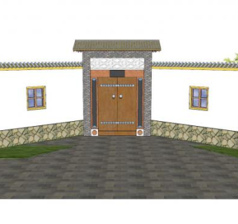 中式围墙大门组合SU模型下载_sketchup草图大师SKP模型