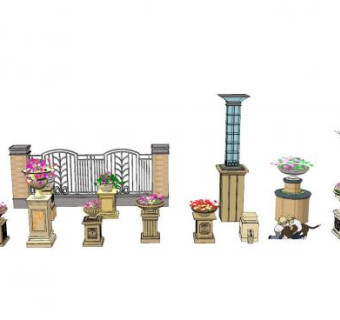 欧式花钵装饰柱组合SU模型下载_sketchup草图大师SKP模型