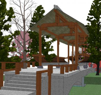 中式公园廊道SU模型下载_sketchup草图大师SKP模型