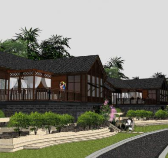 新中式观光民宿SU模型下载_sketchup草图大师SKP模型