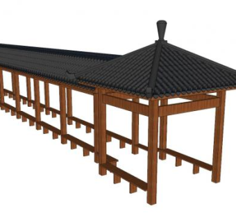中式木制长廊SU模型下载_sketchup草图大师SKP模型