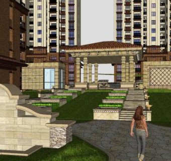 小区入口欧式建筑SU模型下载_sketchup草图大师SKP模型