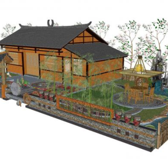 中式复古风农家乐SU模型下载_sketchup草图大师SKP模型