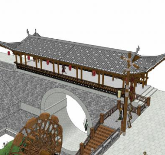 中式廊道景观桥SU模型下载_sketchup草图大师SKP模型