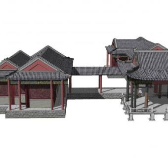 中式长廊古建SU模型下载_sketchup草图大师SKP模型