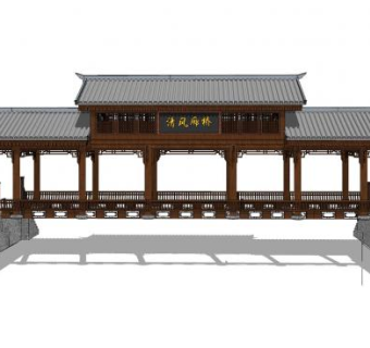 中式清风廊桥建筑SU模型下载_sketchup草图大师SKP模型