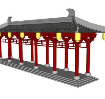 中式庑殿顶长廊SU模型下载_sketchup草图大师SKP模型