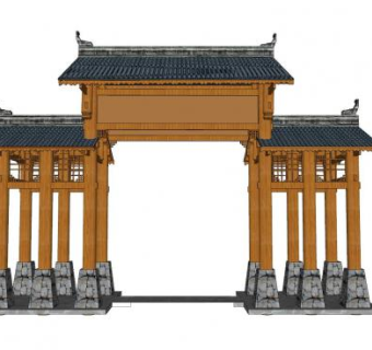 中式木制牌坊大门SU模型下载_sketchup草图大师SKP模型